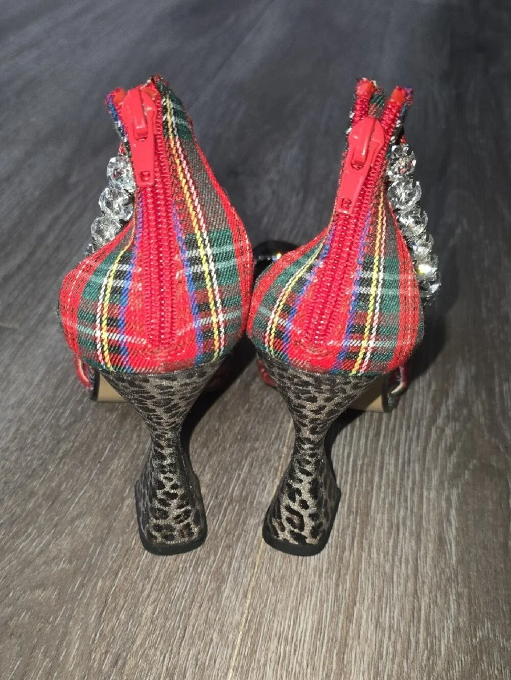 Betsey Johnson Red Tartan Plaid Heels with Rhinestone Strap & Leopard Block Heel